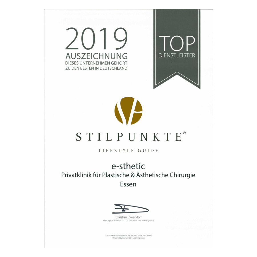 Auszeichnung e-sthetic Klinik als Top-Dienstleister bei Stilpunkte 2019
