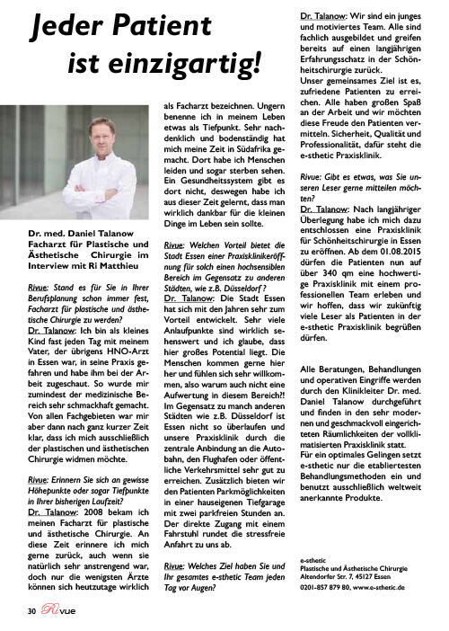 Dr. Daniel Talanow und e-sthetic im RIVUE FRAUENMAGAZIN