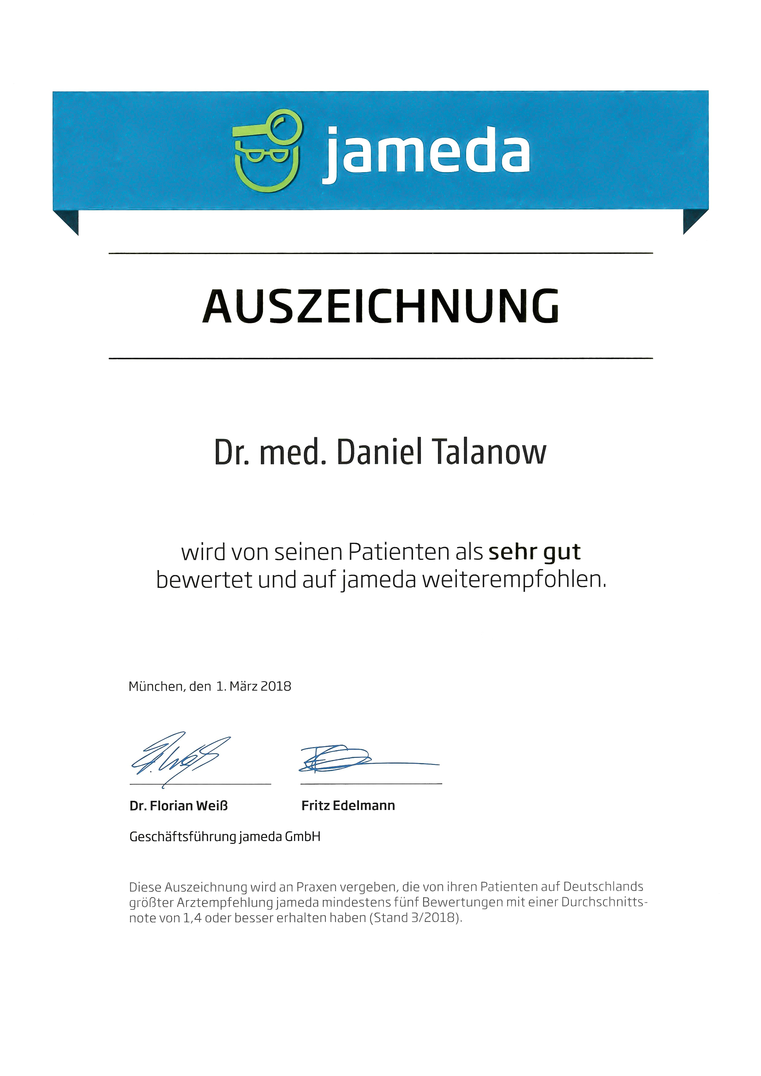 Dr. Talanow wurde mit sehr gut ausgezeichnet!